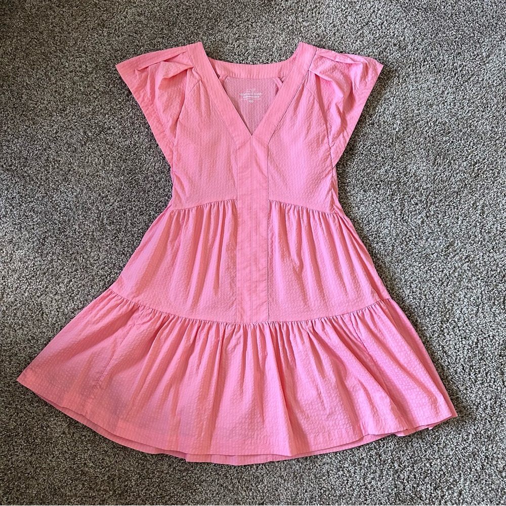 Vineyard Vines Seersucker Harbor tiered ruffle sleeve dress